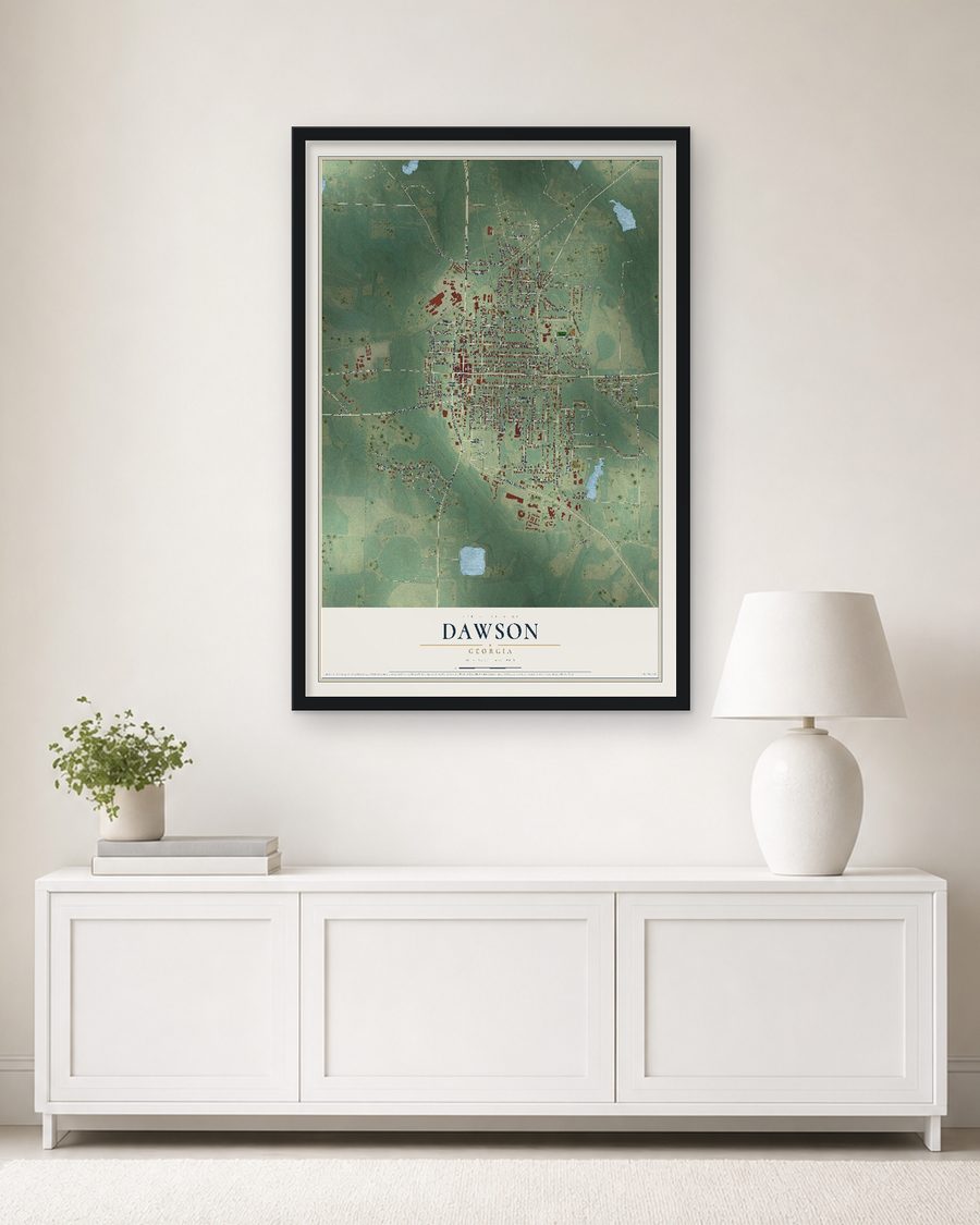 The Dawson, Georgia map, 24 x 36 in, in a black wood frame on a living room wall