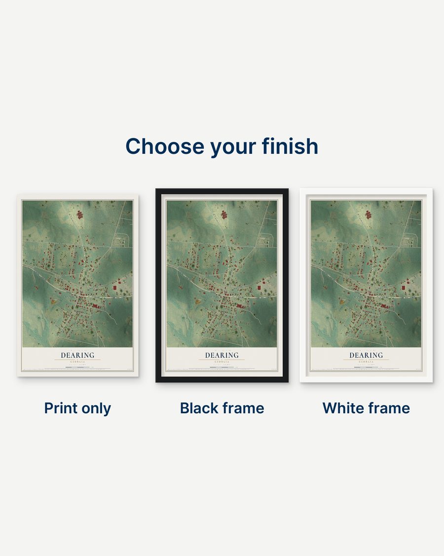 The Dearing, Georgia map as a print only, in a black frame and in a white frame