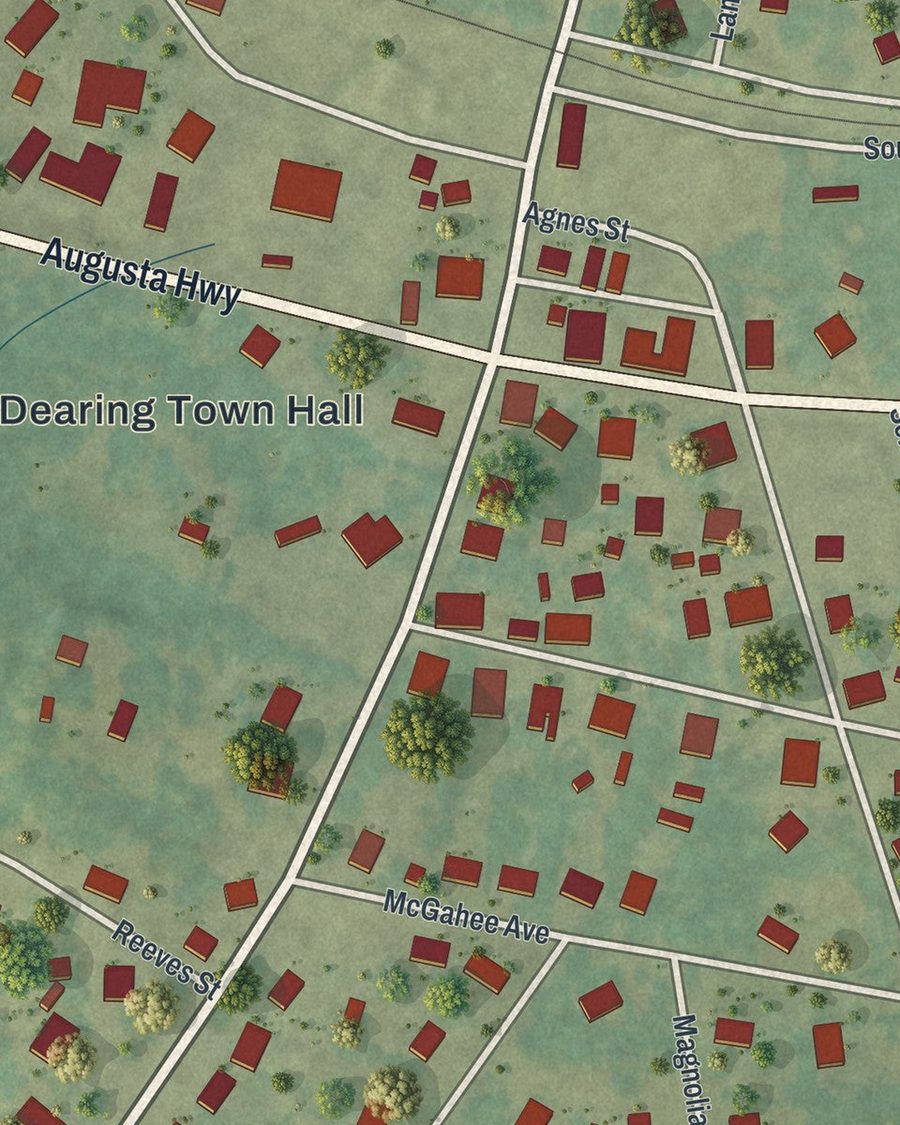 Close-up of Dearing streets on the map