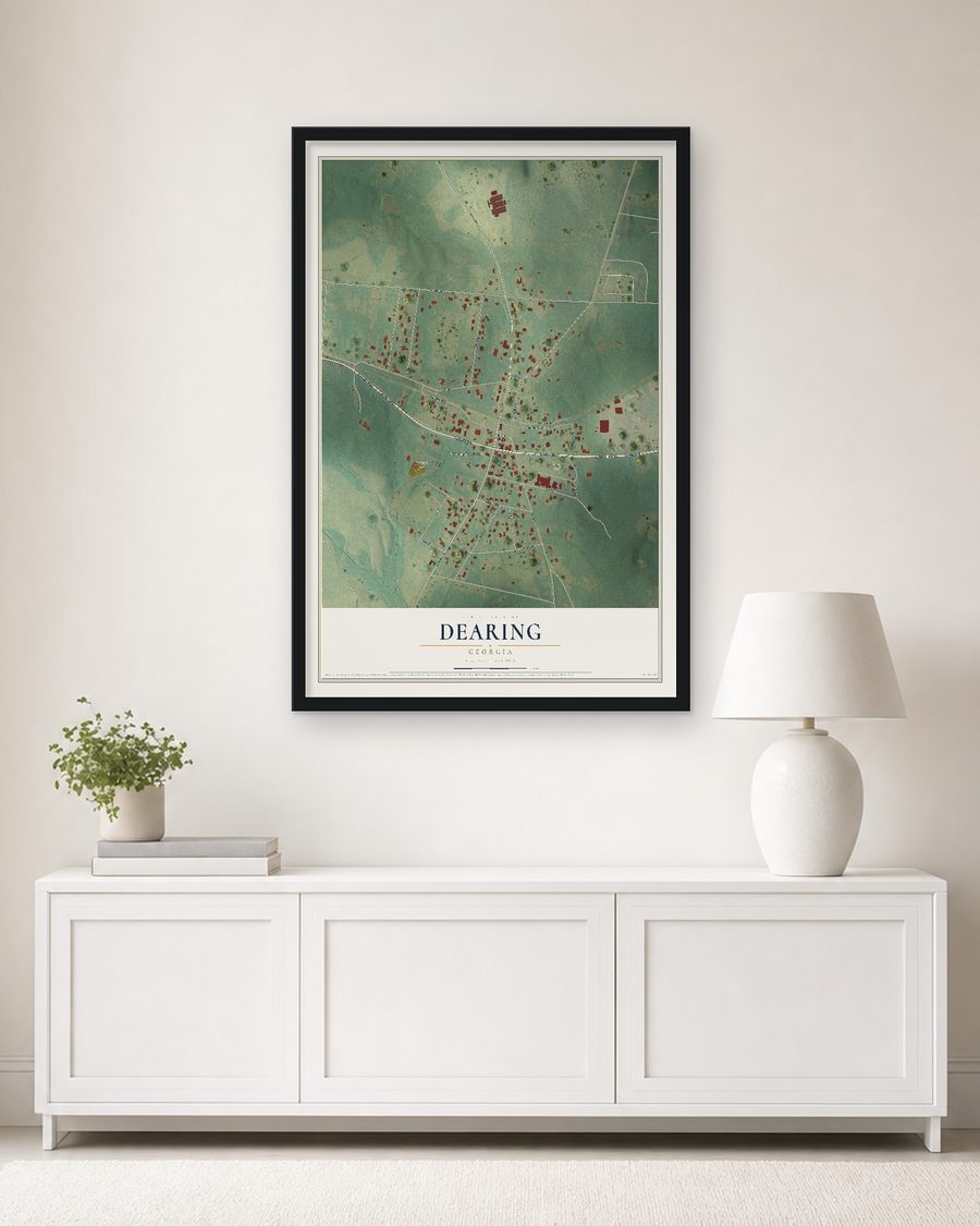 The Dearing, Georgia map, 24 x 36 in, in a black wood frame on a living room wall