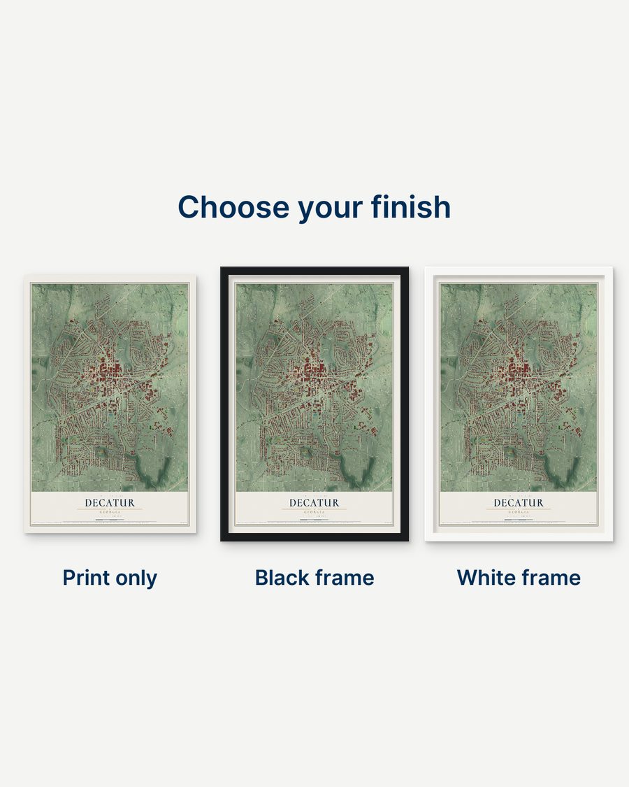 The Decatur, Georgia map as a print only, in a black frame and in a white frame