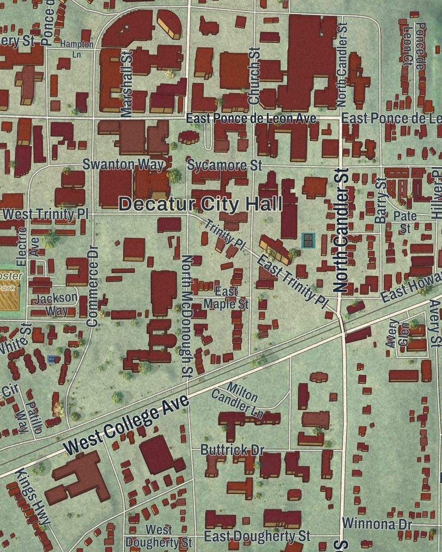 Close-up of Decatur streets on the map