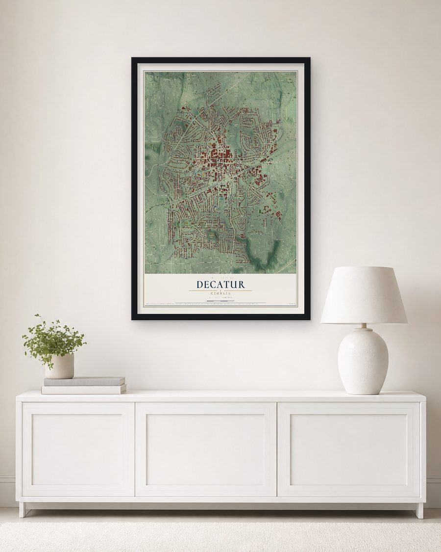 The Decatur, Georgia map, 24 x 36 in, in a black wood frame on a living room wall