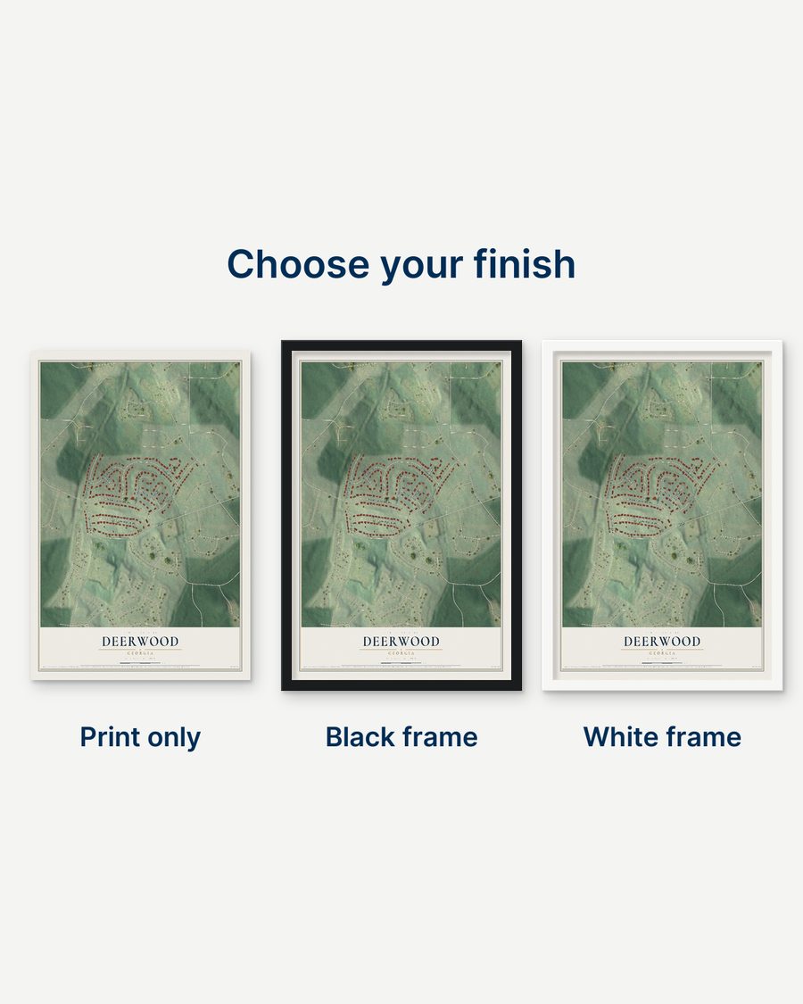 The Deerwood, Georgia map as a print only, in a black frame and in a white frame