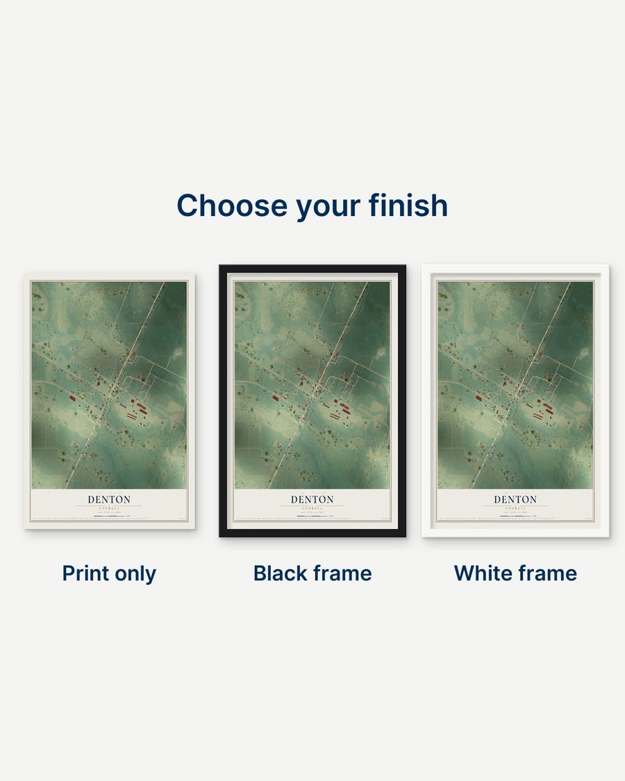 The Denton, Georgia map as a print only, in a black frame and in a white frame