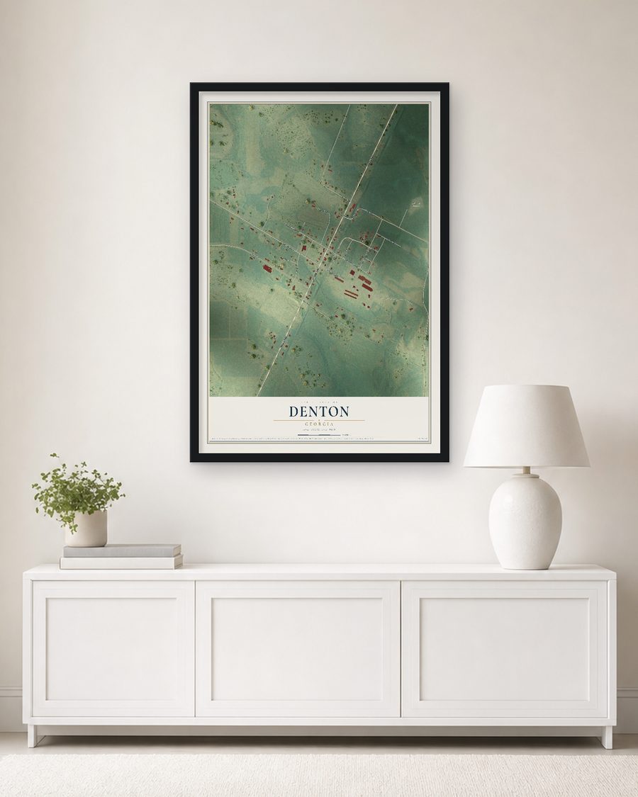 The Denton, Georgia map, 24 x 36 in, in a black wood frame on a living room wall