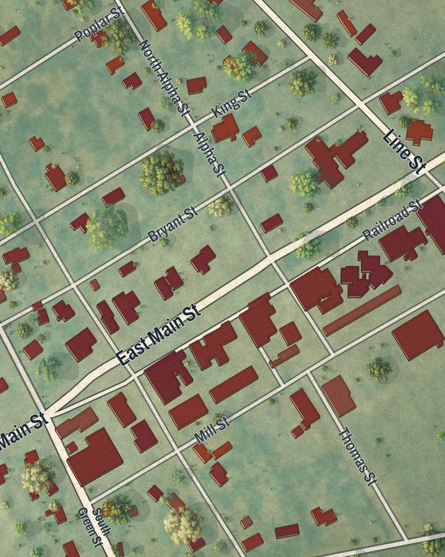 Close-up of Dexter streets on the map