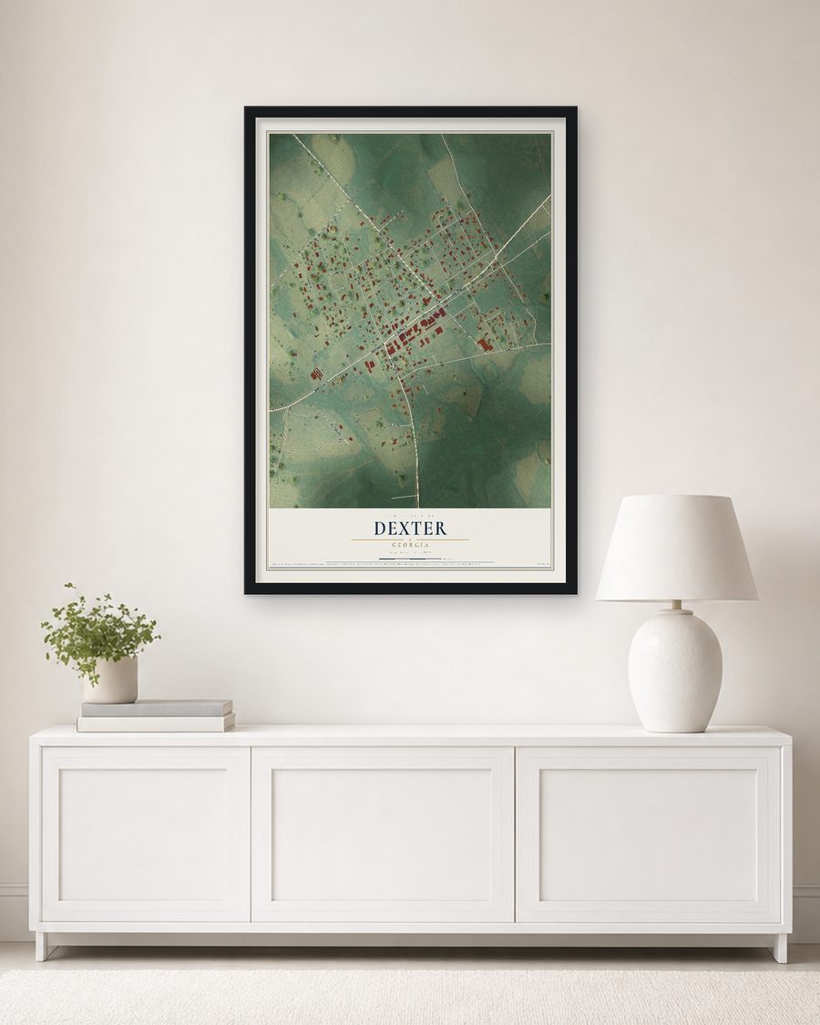 The Dexter, Georgia map, 24 x 36 in, in a black wood frame on a living room wall