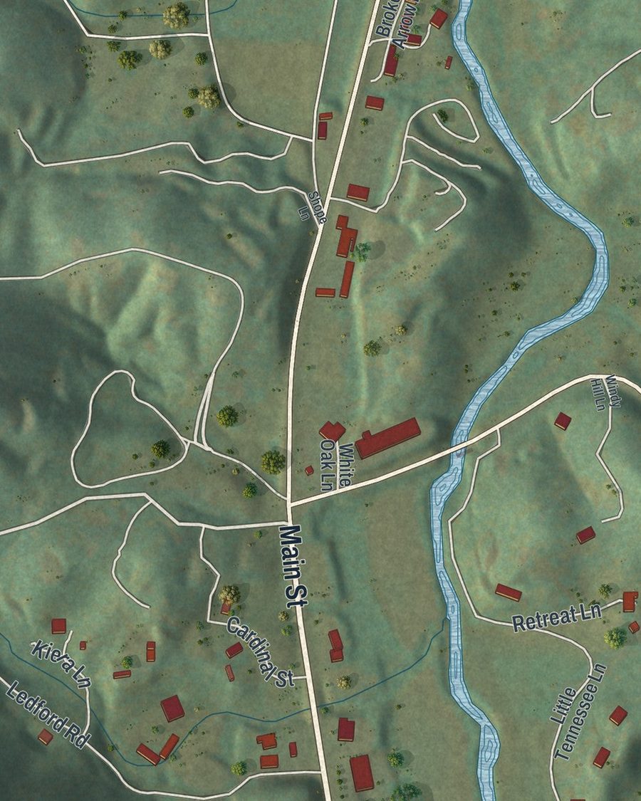 Close-up of Dillard streets on the map