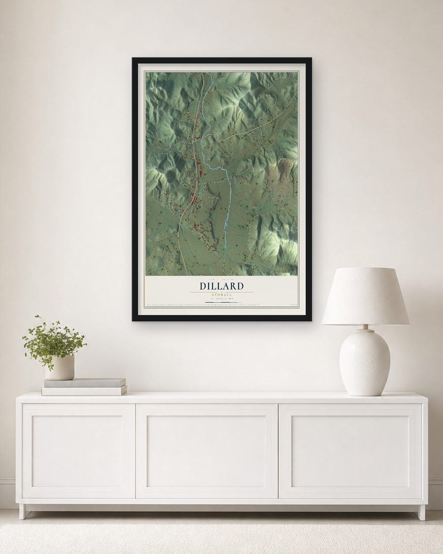 The Dillard, Georgia map, 24 x 36 in, in a black wood frame on a living room wall