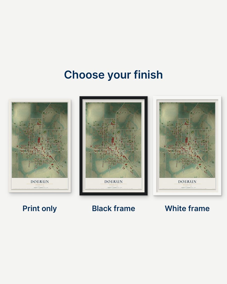 The Doerun, Georgia map as a print only, in a black frame and in a white frame