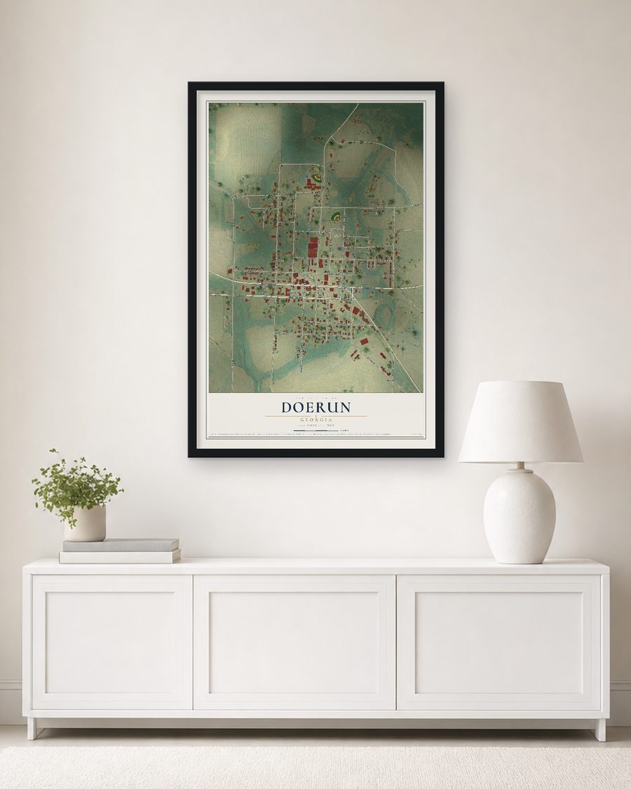 The Doerun, Georgia map, 24 x 36 in, in a black wood frame on a living room wall
