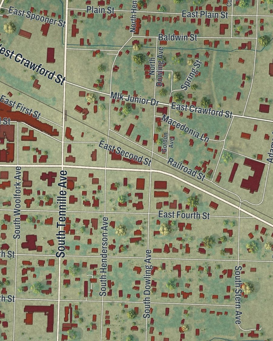 Close-up of Donalsonville streets on the map