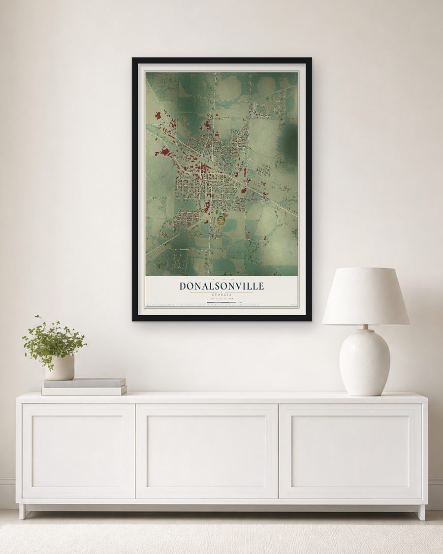 The Donalsonville, Georgia map, 24 x 36 in, in a black wood frame on a living room wall