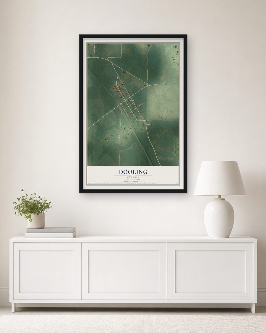 The Dooling, Georgia map, 24 x 36 in, in a black wood frame on a living room wall