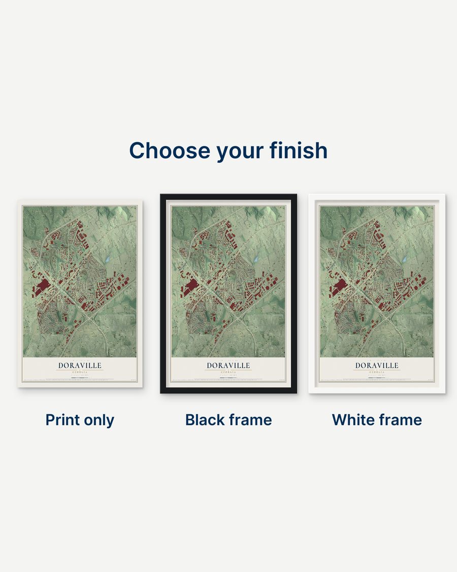 The Doraville, Georgia map as a print only, in a black frame and in a white frame