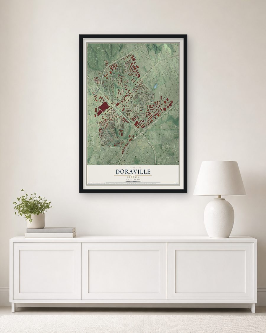 The Doraville, Georgia map, 24 x 36 in, in a black wood frame on a living room wall