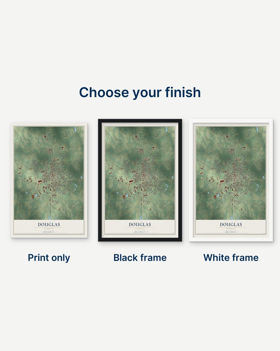 The Douglas, Georgia map as a print only, in a black frame and in a white frame