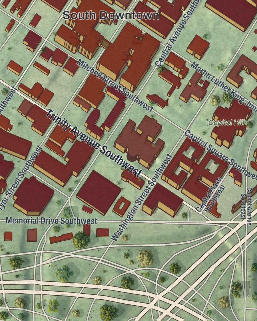 Close-up of Downtown streets on the map