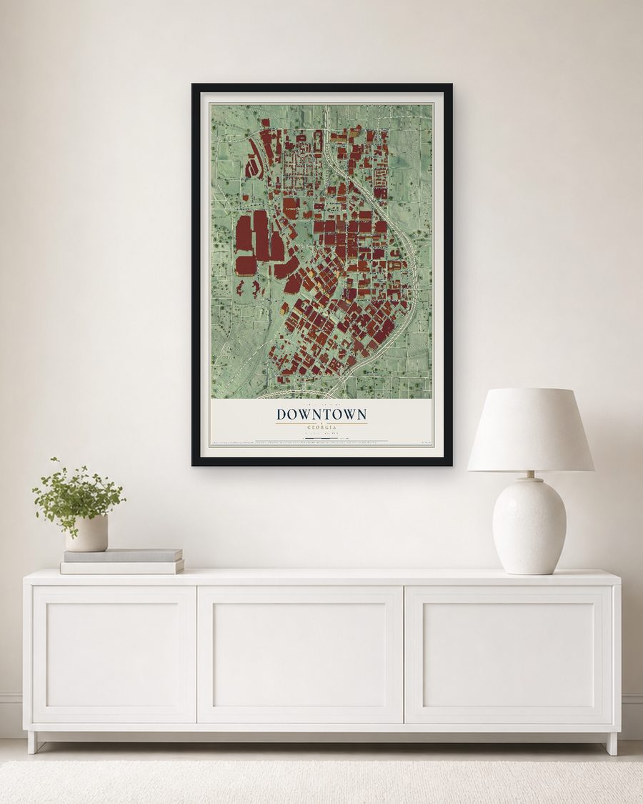The Downtown, Georgia map, 24 x 36 in, in a black wood frame on a living room wall
