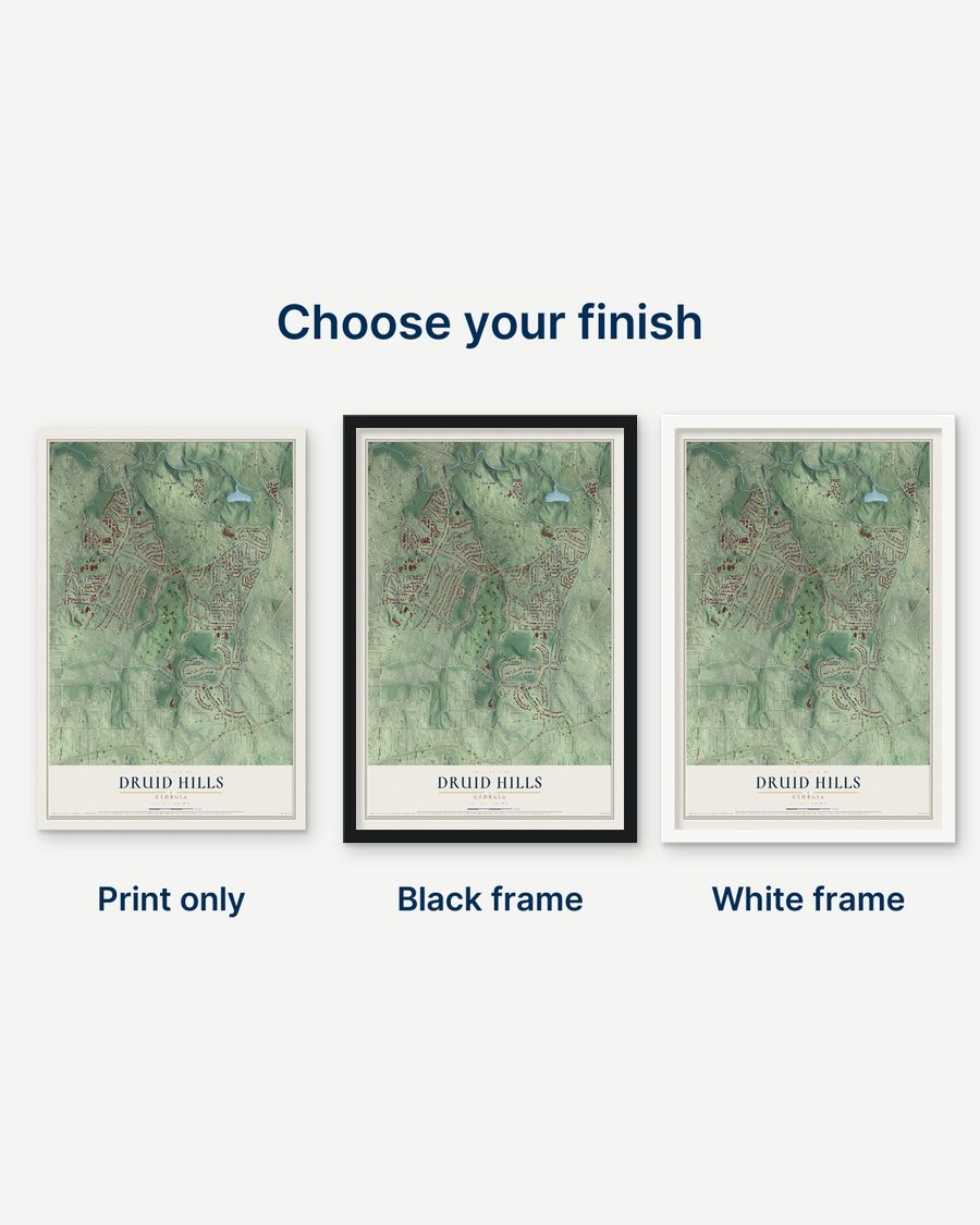 The Druid Hills, Georgia map as a print only, in a black frame and in a white frame