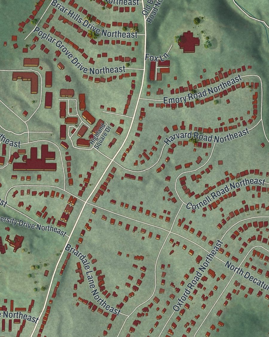 Close-up of Druid Hills streets on the map
