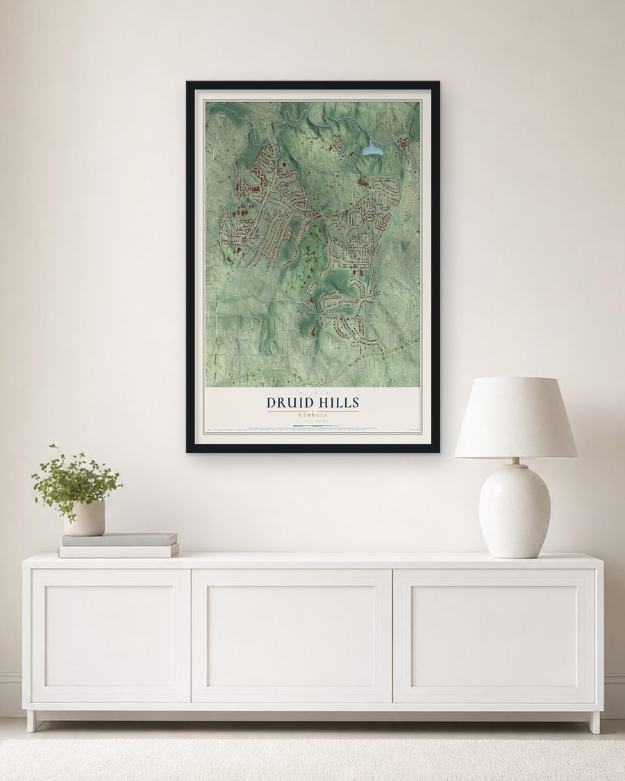 The Druid Hills, Georgia map, 24 x 36 in, in a black wood frame on a living room wall