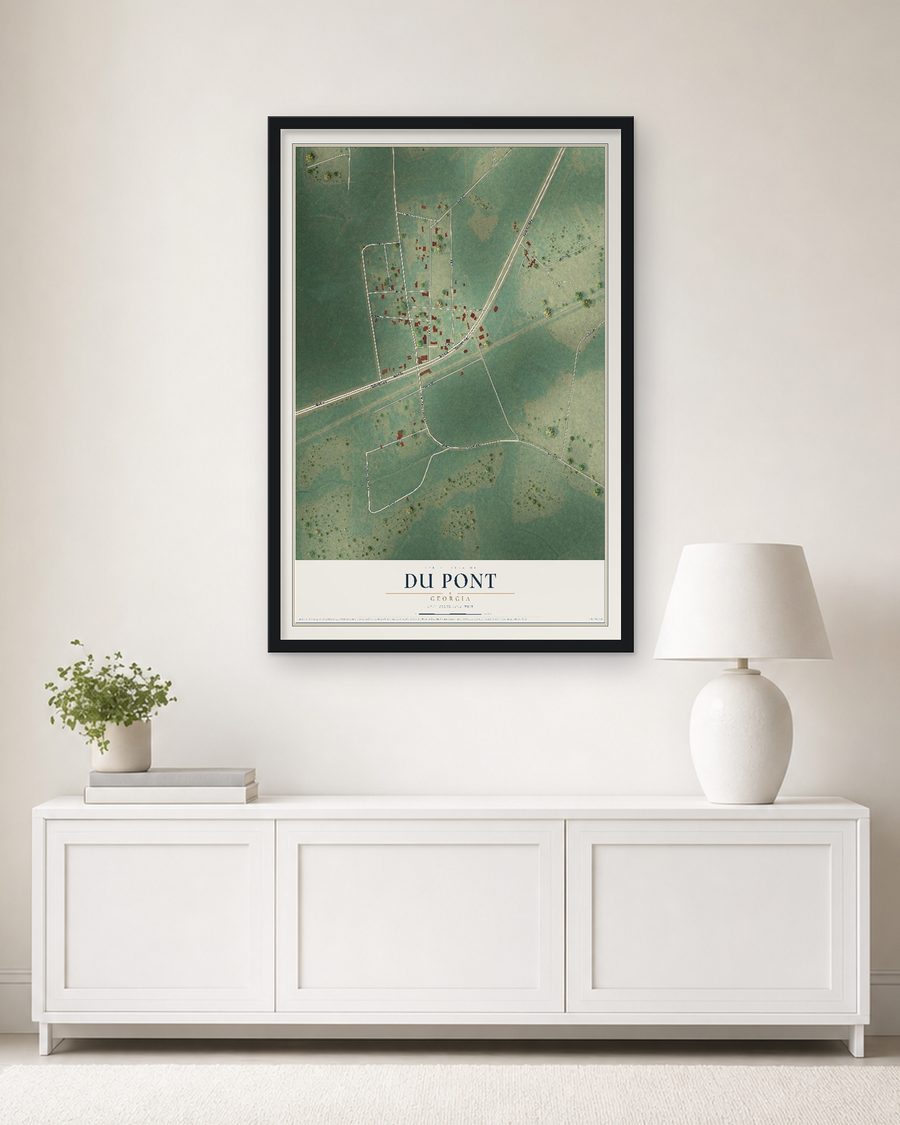 The Du Pont, Georgia map, 24 x 36 in, in a black wood frame on a living room wall