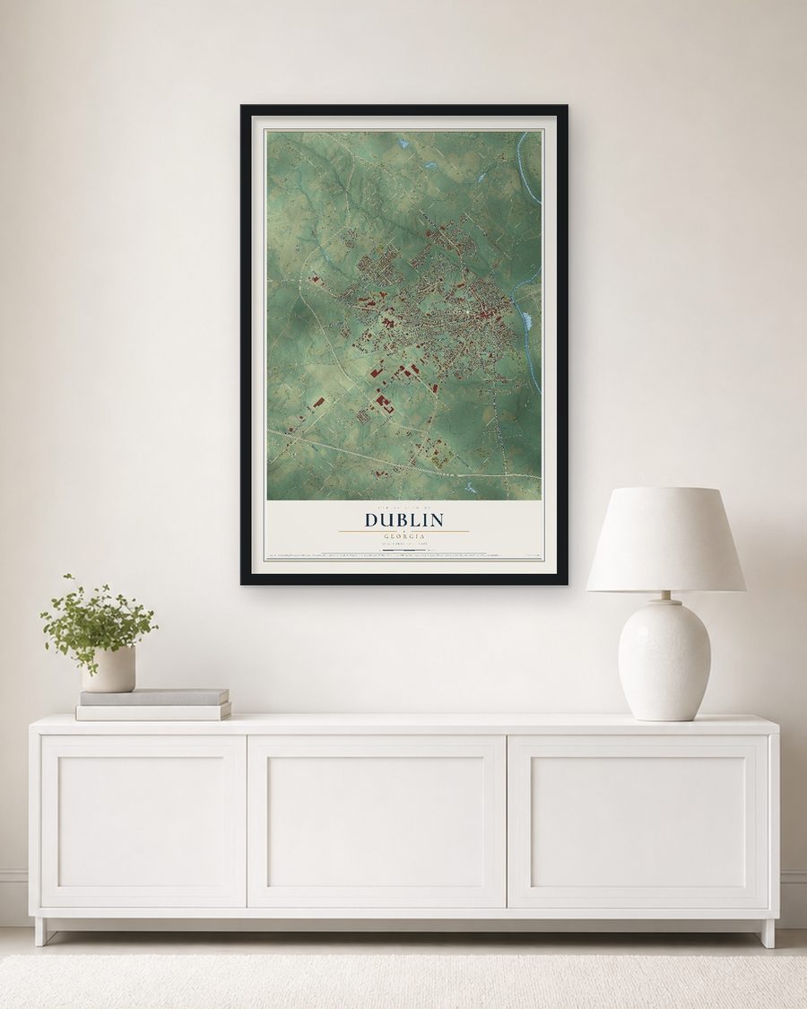 The Dublin, Georgia map, 24 x 36 in, in a black wood frame on a living room wall