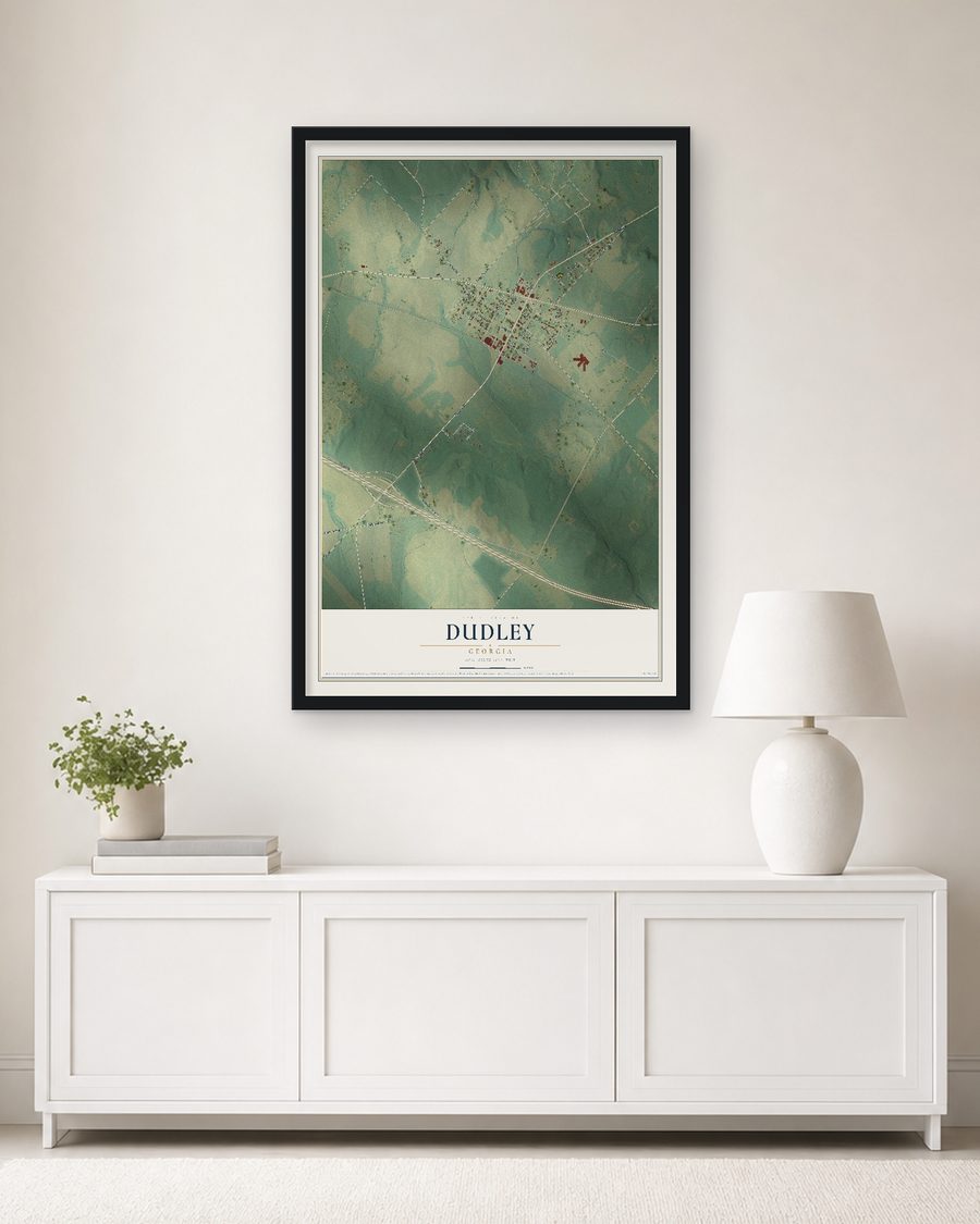 The Dudley, Georgia map, 24 x 36 in, in a black wood frame on a living room wall