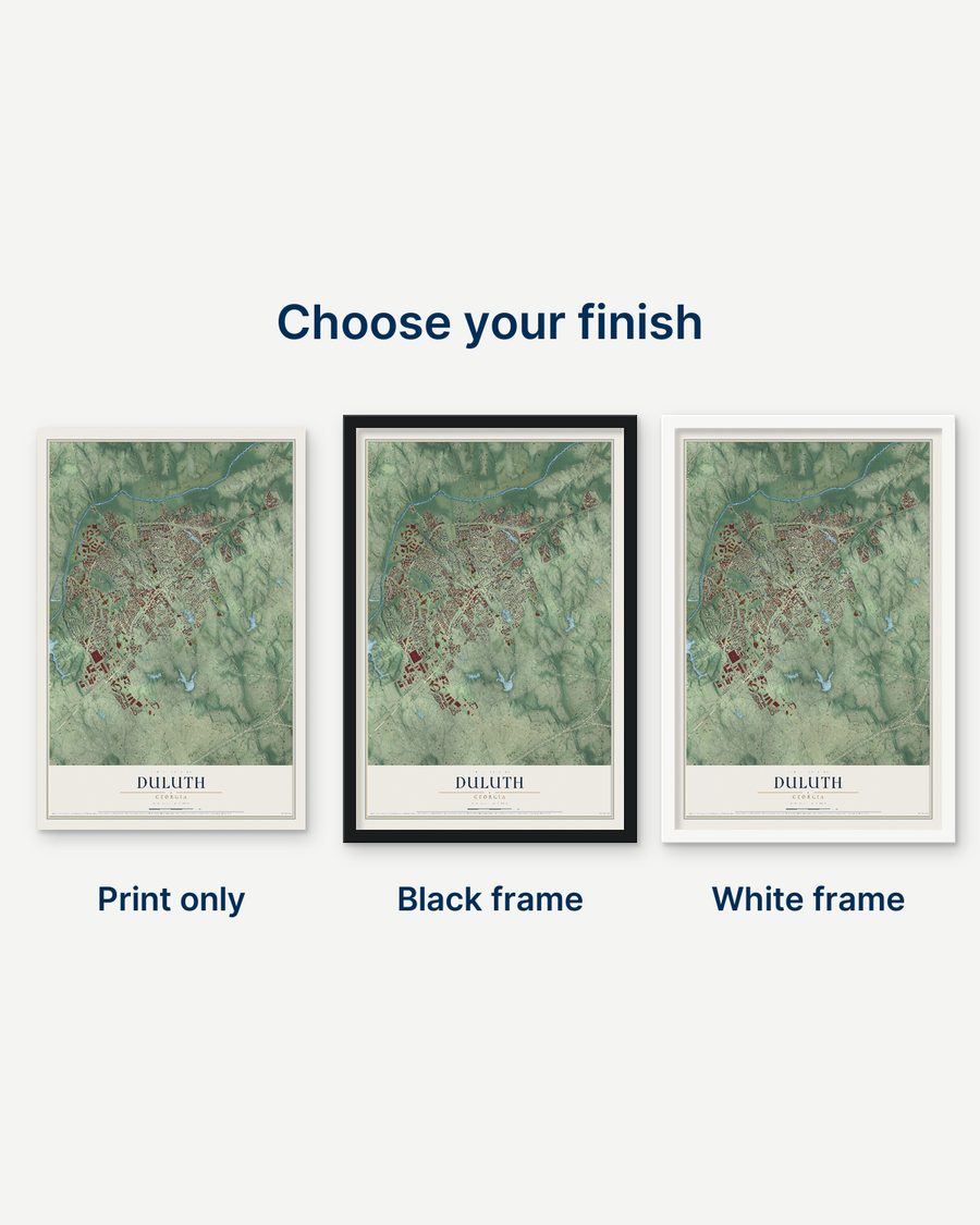 The Duluth, Georgia map as a print only, in a black frame and in a white frame