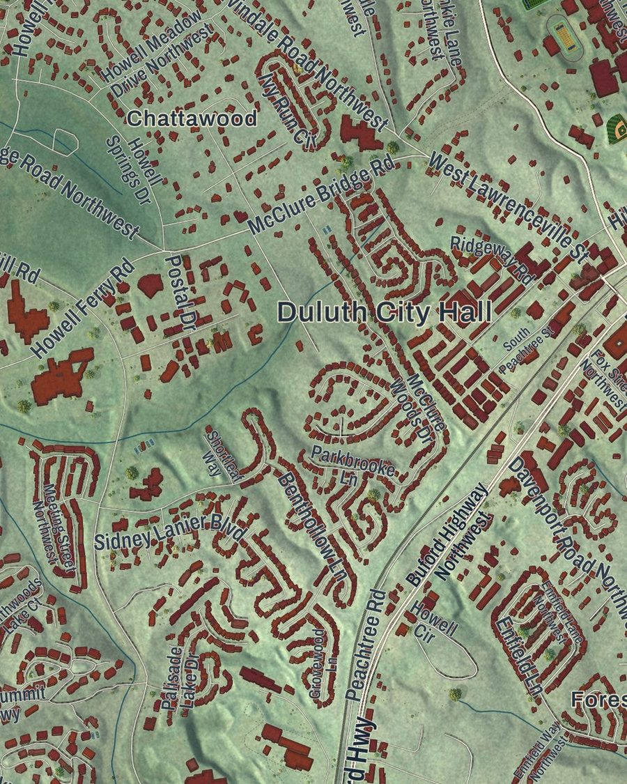 Close-up of Duluth streets on the map