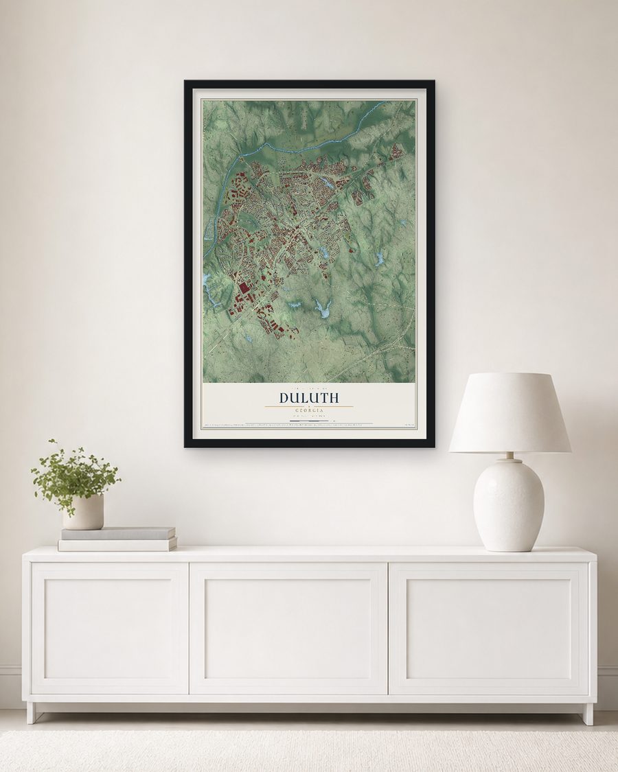 The Duluth, Georgia map, 24 x 36 in, in a black wood frame on a living room wall