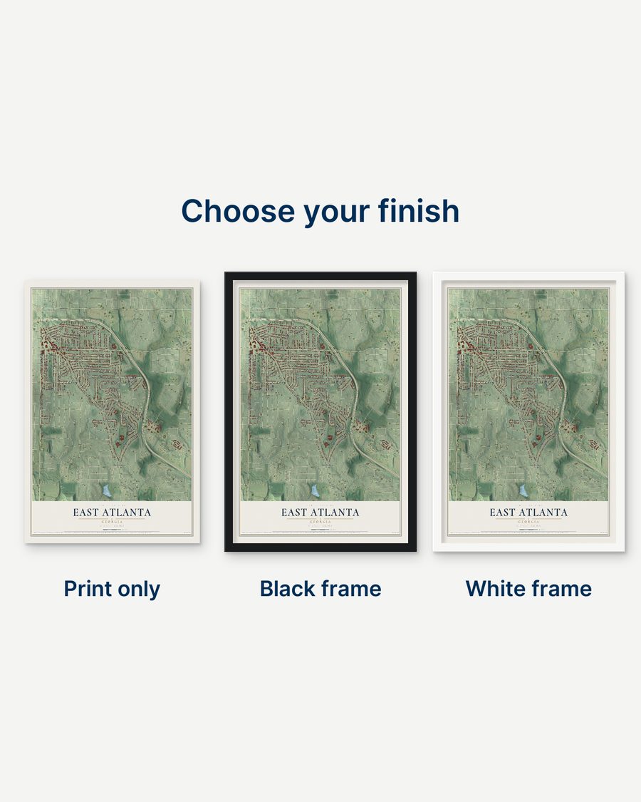 The East Atlanta, Georgia map as a print only, in a black frame and in a white frame