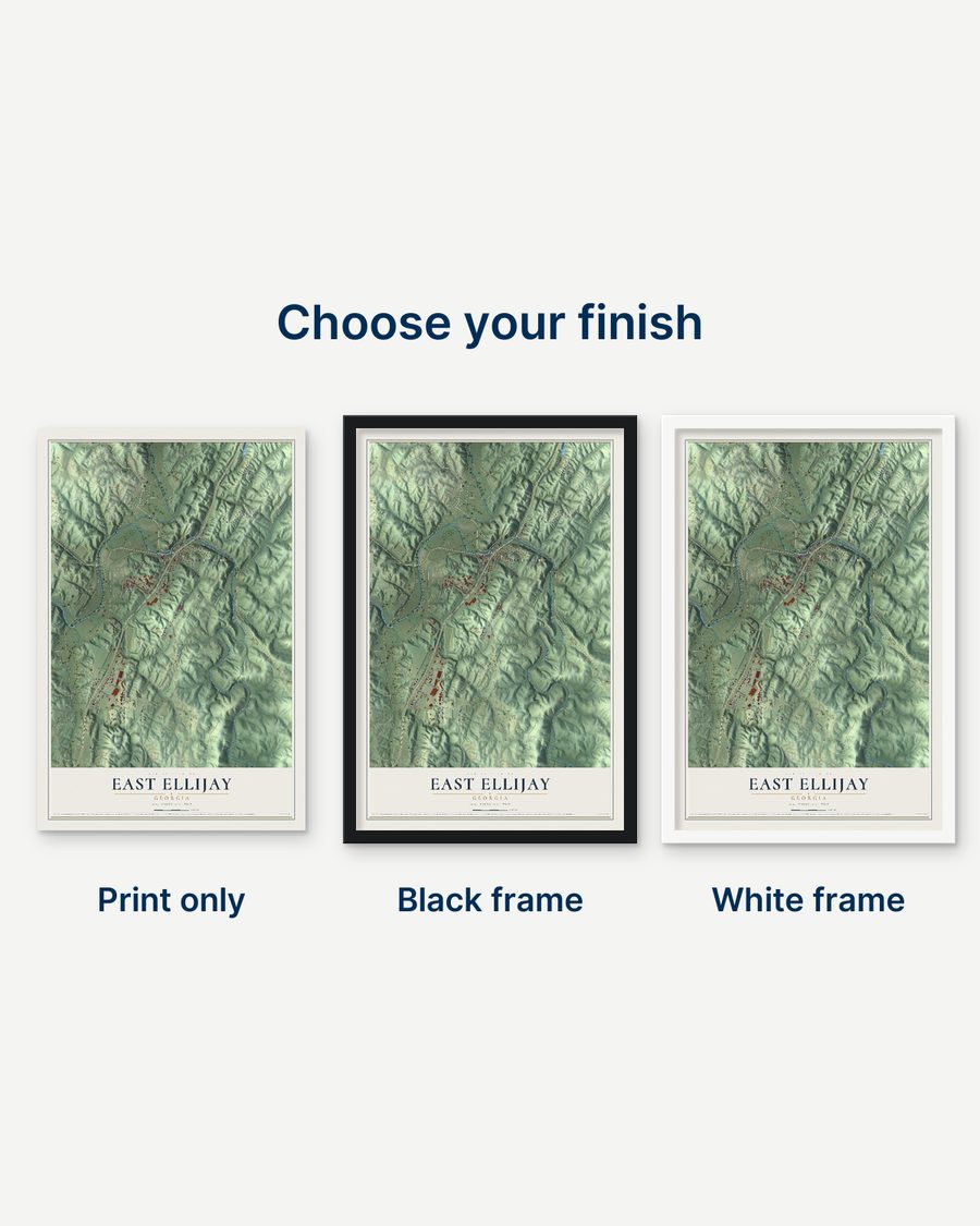 The East Ellijay, Georgia map as a print only, in a black frame and in a white frame