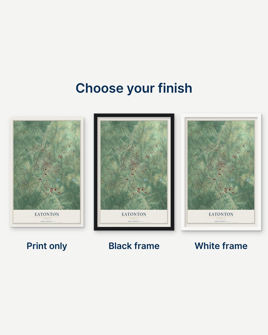 The Eatonton, Georgia map as a print only, in a black frame and in a white frame