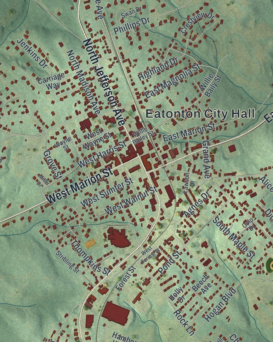 Close-up of Eatonton streets on the map