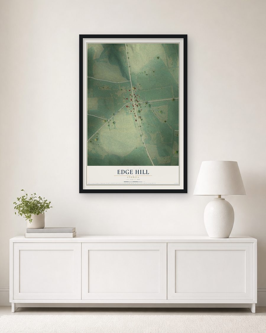 The Edge Hill, Georgia map, 24 x 36 in, in a black wood frame on a living room wall
