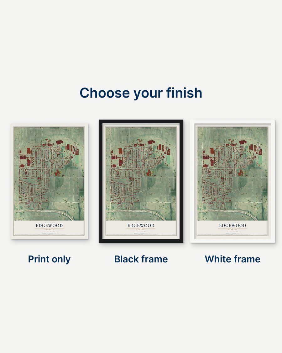 The Edgewood, Georgia map as a print only, in a black frame and in a white frame