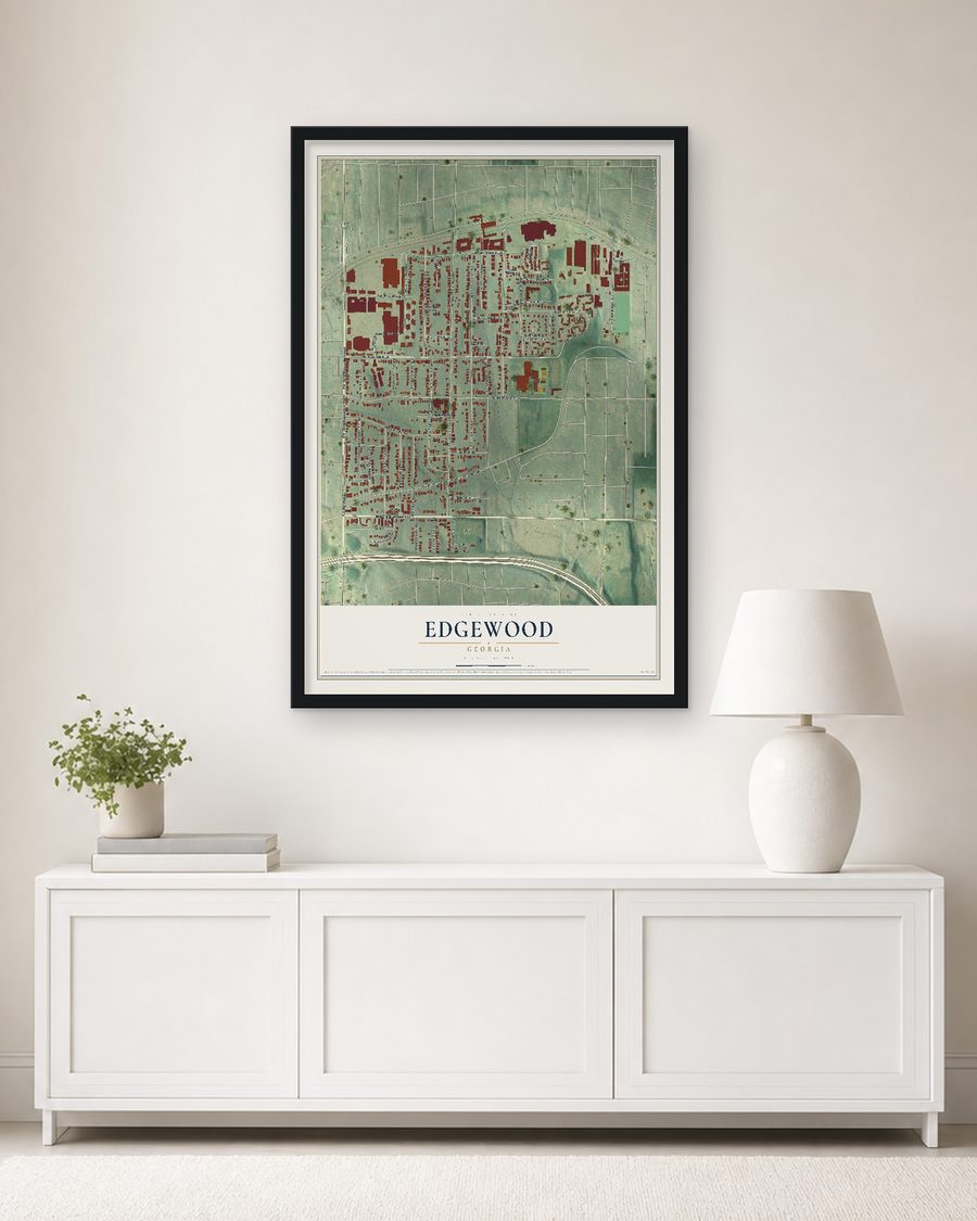 The Edgewood, Georgia map, 24 x 36 in, in a black wood frame on a living room wall