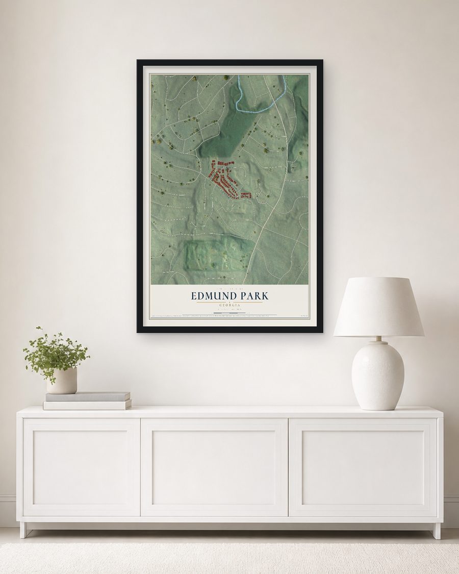 The Edmund Park, Georgia map, 24 x 36 in, in a black wood frame on a living room wall