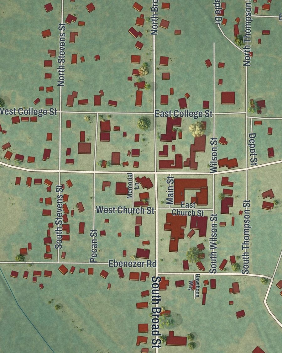 Close-up of Ellaville streets on the map