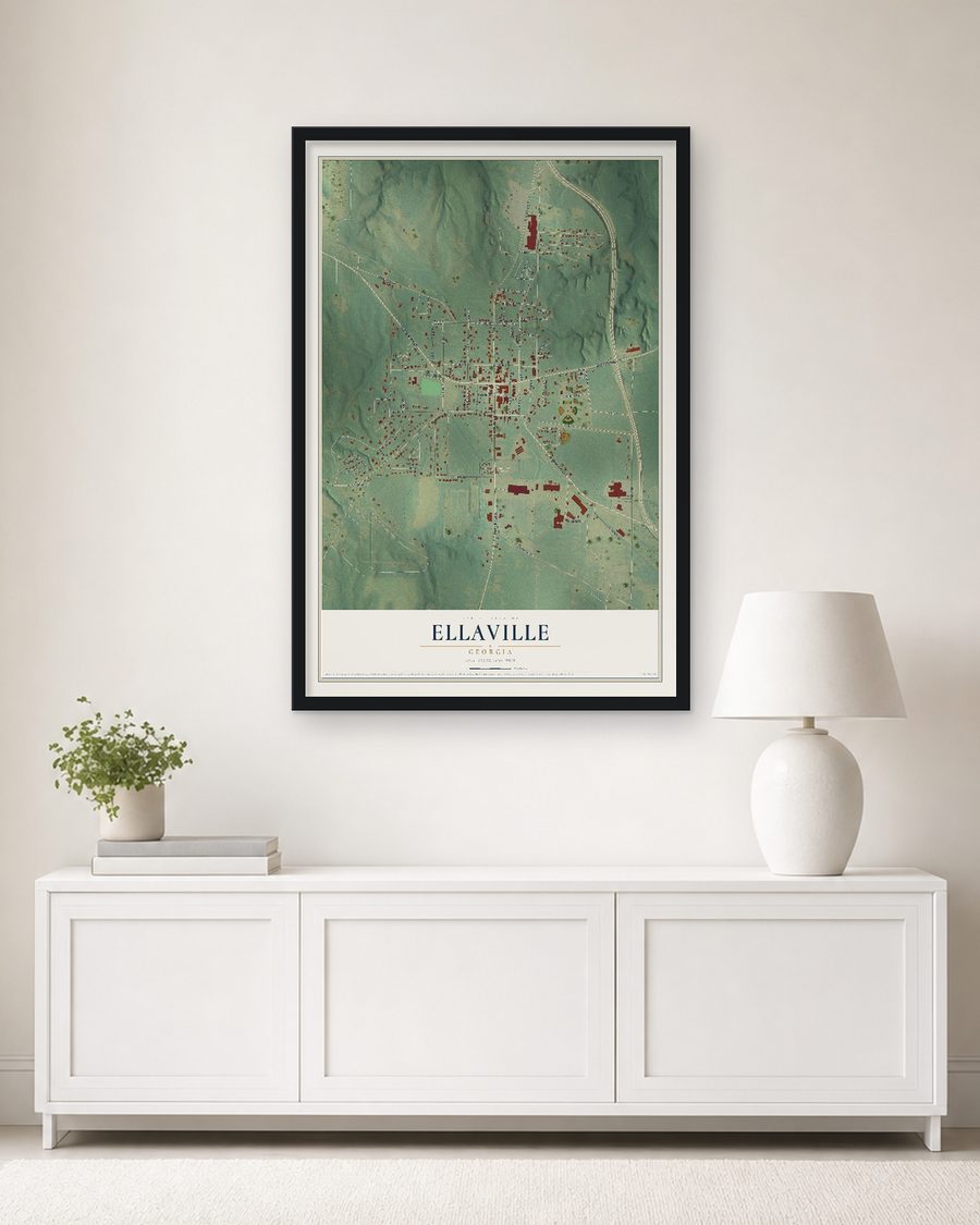 The Ellaville, Georgia map, 24 x 36 in, in a black wood frame on a living room wall