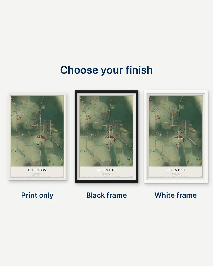 The Ellenton, Georgia map as a print only, in a black frame and in a white frame