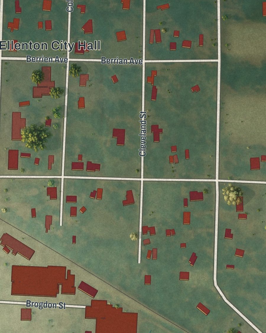 Close-up of Ellenton streets on the map