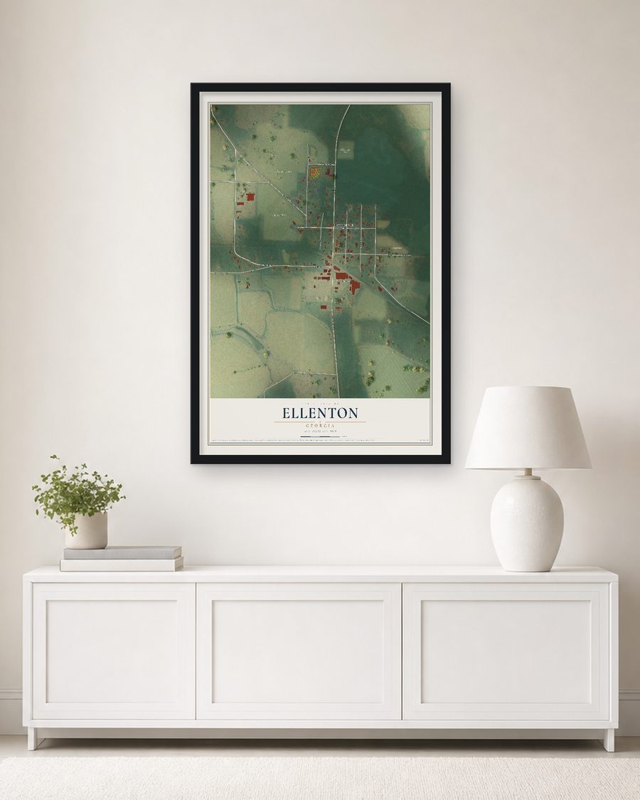 The Ellenton, Georgia map, 24 x 36 in, in a black wood frame on a living room wall
