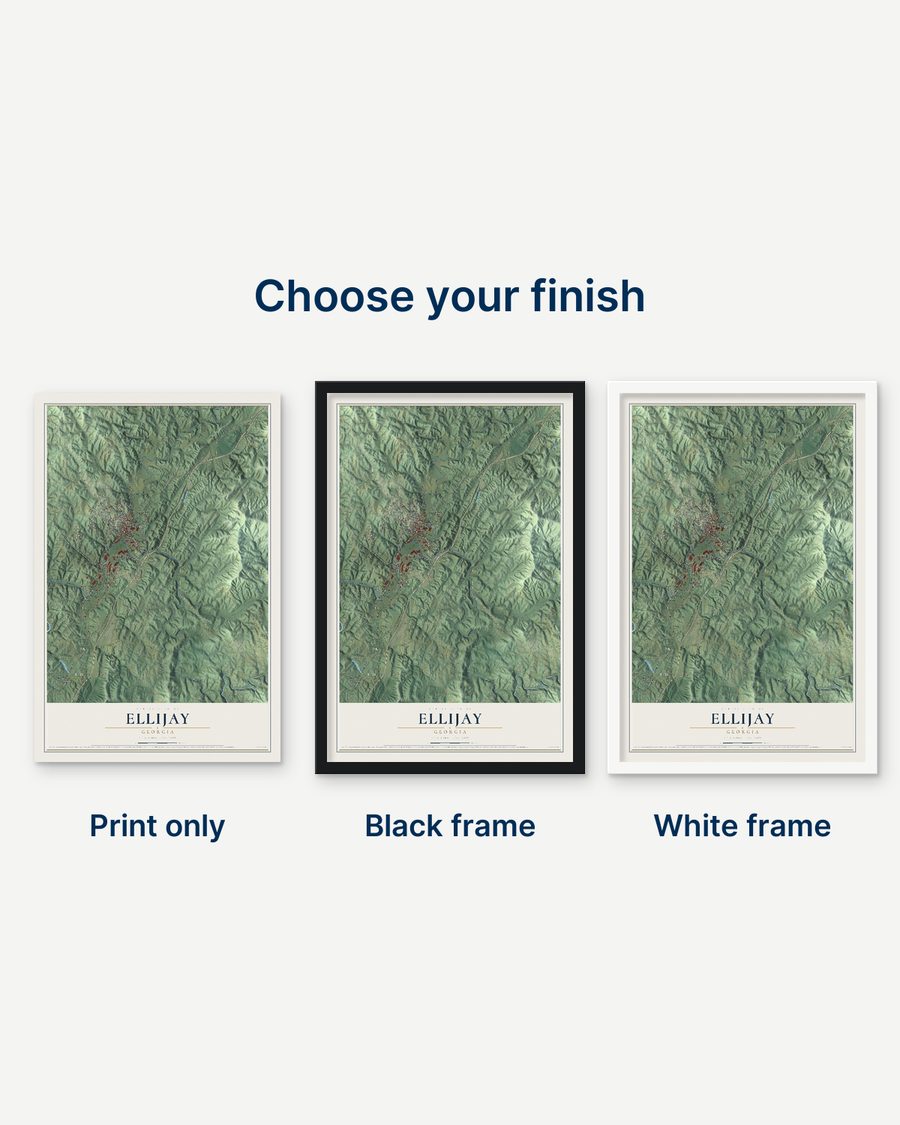 The Ellijay, Georgia map as a print only, in a black frame and in a white frame