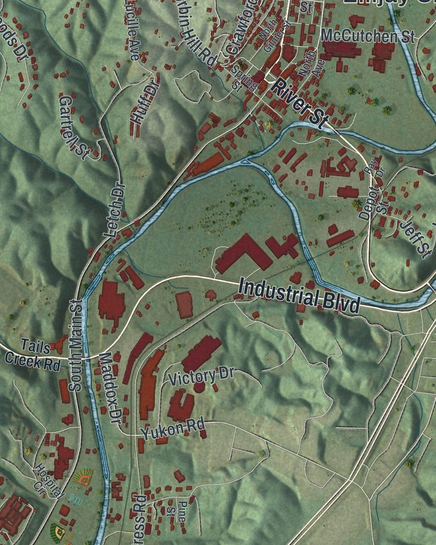Close-up of Ellijay streets on the map