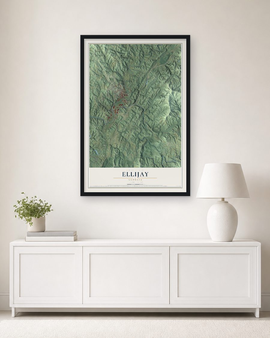 The Ellijay, Georgia map, 24 x 36 in, in a black wood frame on a living room wall