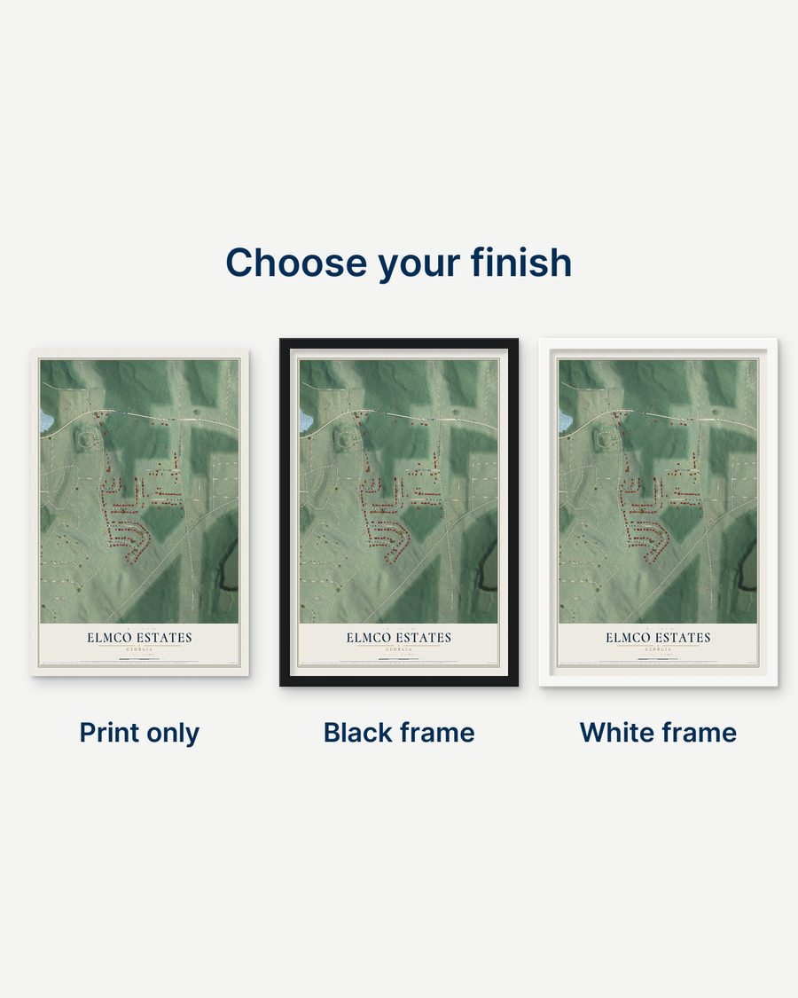 The Elmco Estates, Georgia map as a print only, in a black frame and in a white frame